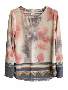 7th Ray Pink Gray Cream Tie-Dye Long Sleeve Top with Patterned Hem, Medium
